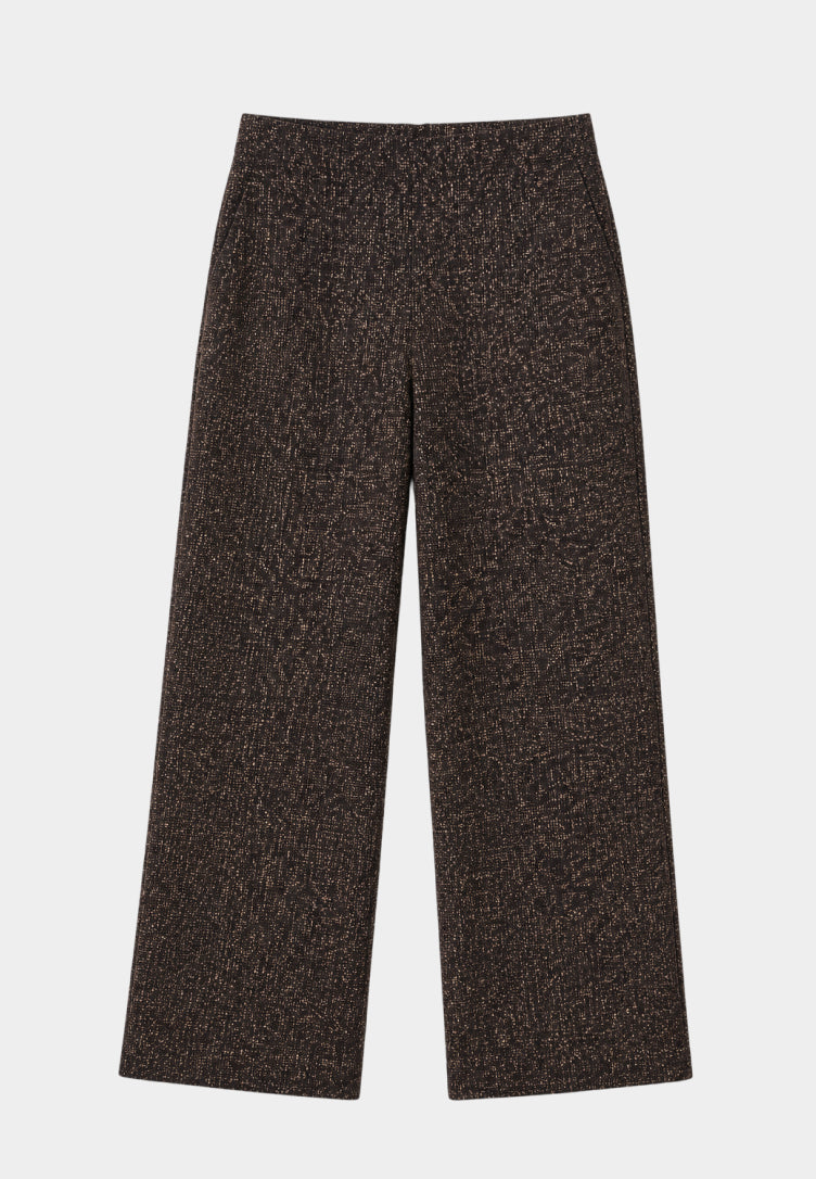 A pair of wide-leg cropped trousers in a dark brown and black textured tweed fabric, shown flat against a light gray background.