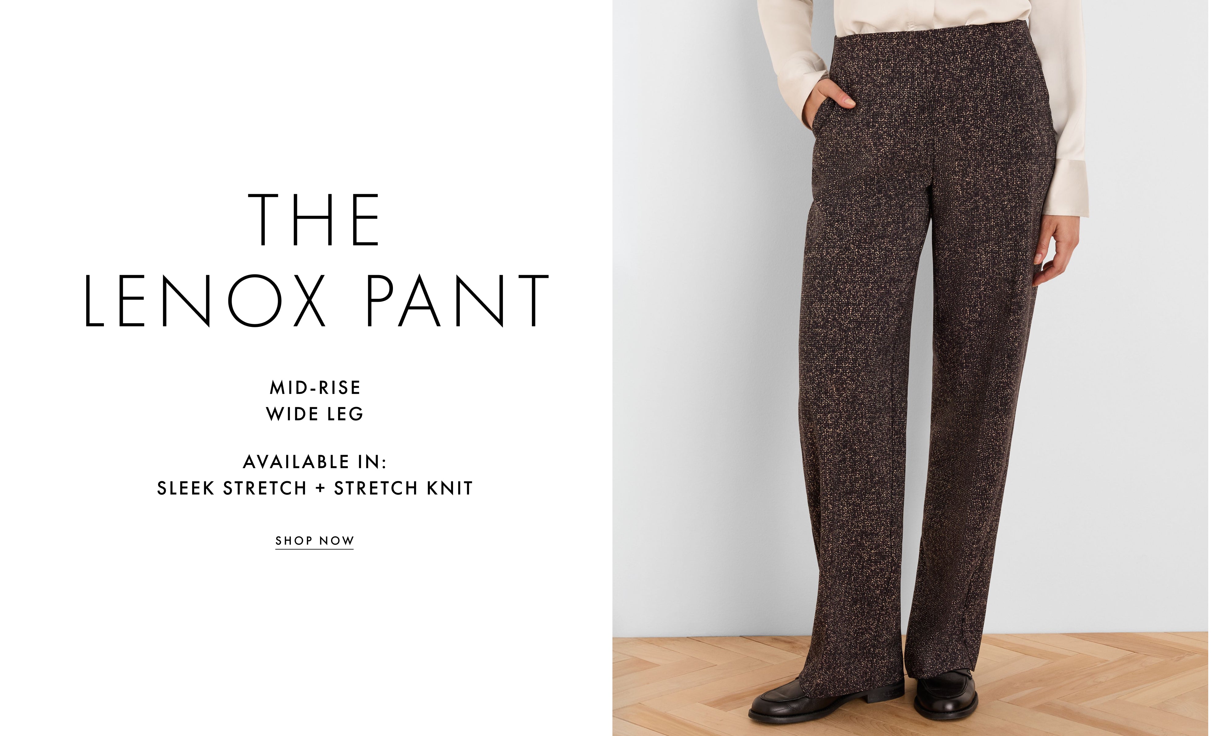 A model wears a pair of mid-rise, wide-leg knit pants in a dark brown and black textured pattern, styled with a cream long-sleeve top and black shoes. The image is split with text on the left reading 'THE LENOX PANT' and product details, set against a clean white background with a light wood floor.