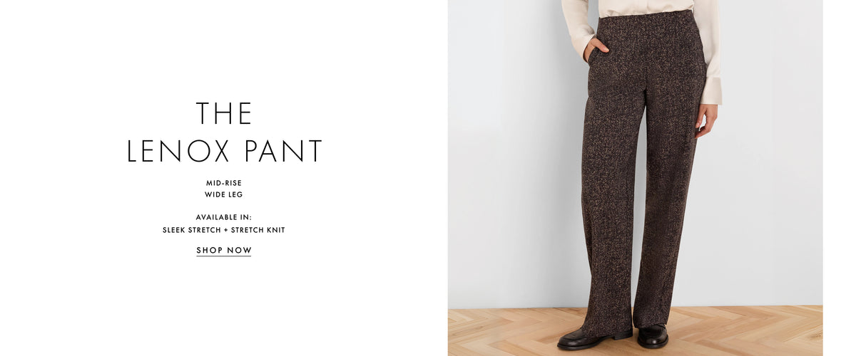 A model wearing high-waisted, wide-leg brown tweed pants with a subtle houndstooth pattern, styled with a cream top and black shoes. The image is split into two sections: the left displays product text reading 'THE LENOX PANT' with details, and the right shows the model in a minimalist room setting.
