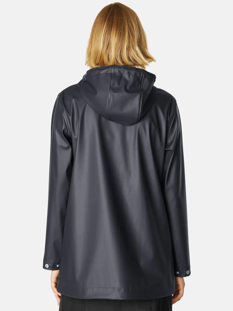 Dark gray hooded raincoat, back view. Features a smooth, semi-gloss material with snaps on the cuffs.