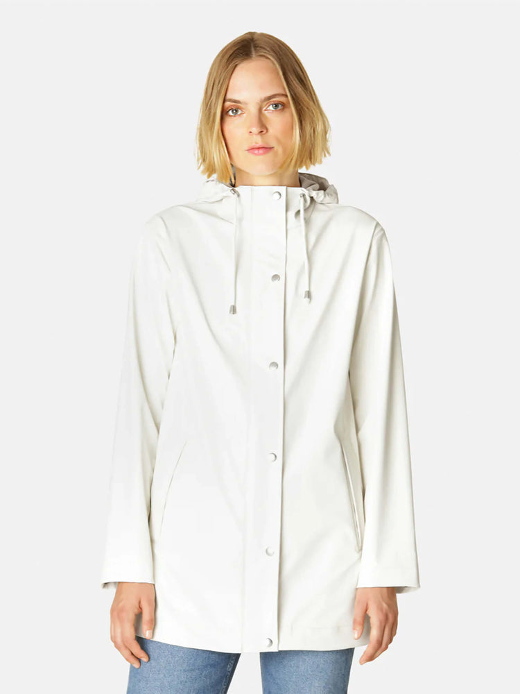 Off-white hooded raincoat with light grey snap closures.  A woman models the coat.