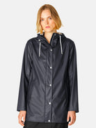 Dark navy hooded raincoat with light beige hood lining, white drawstring cords, and silver buttons.