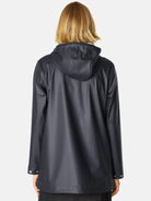 Here's alt text that meets the criteria:

Dark navy hooded raincoat, shown from the back.  Features long sleeves and...