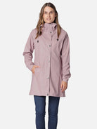 Dusty rose hooded raincoat with snap buttons, long sleeves, and pockets. Mid-thigh length.