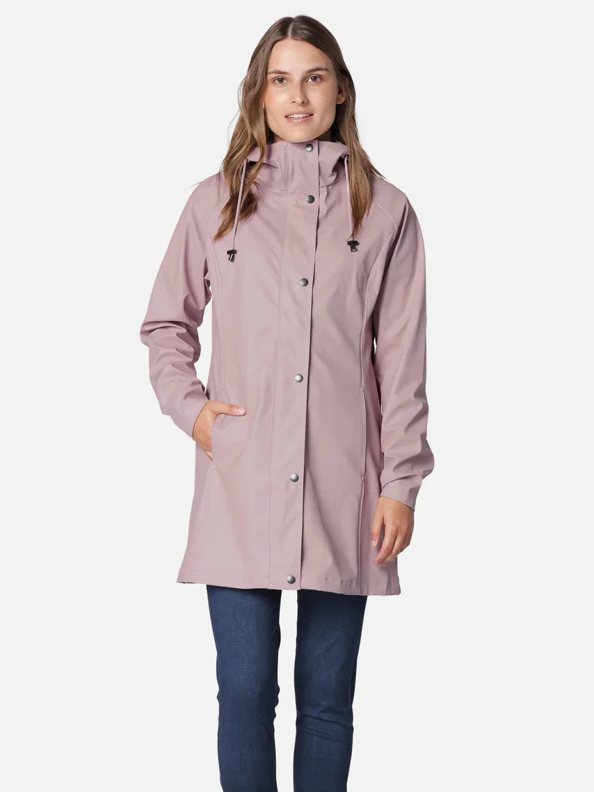 Dusty rose hooded raincoat with snap buttons, long sleeves, and pockets. Mid-thigh length.