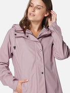 Mauve hooded raincoat with black zipper, silver snaps, and drawstrings. Features deep side pockets.