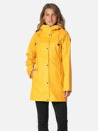 Bright yellow hooded raincoat with black snap buttons, tan drawstrings, and side pockets. Worn mid-thigh length.