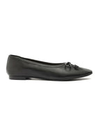 Black leather ballet flat with a pointed toe and a small decorative bow.