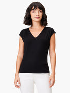 Black, V-neck, short-sleeve jersey top.