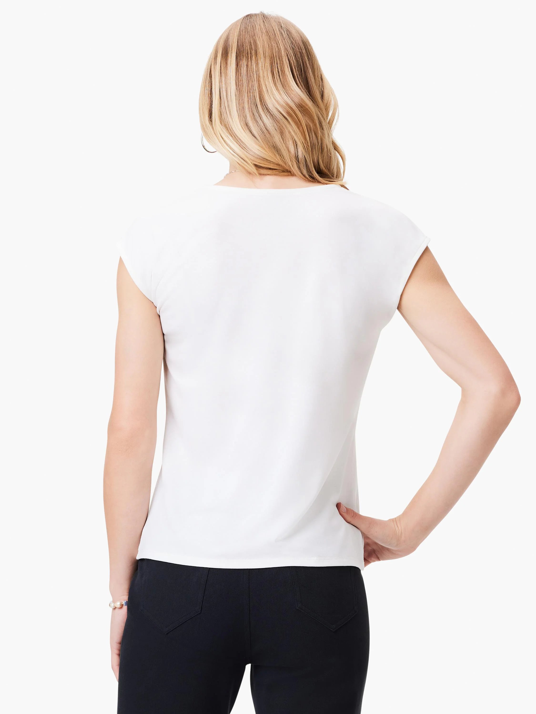 Off-white short-sleeve shirt, shown from the back.  The shirt has a slightly curved hem.
