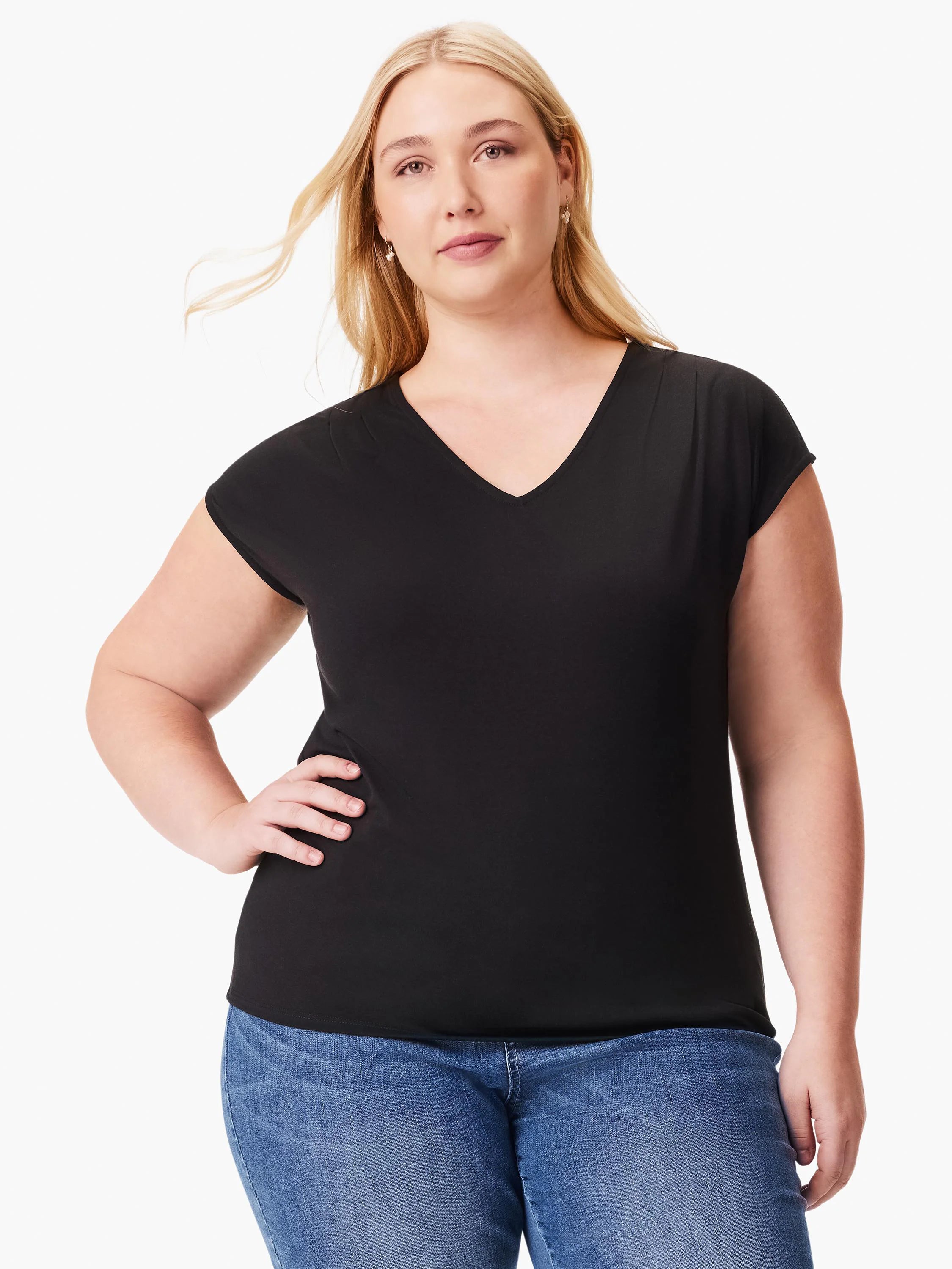 Black v-neck short-sleeve top.