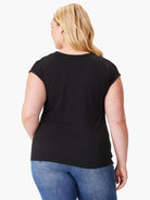Black short-sleeved jersey top, v-neck.