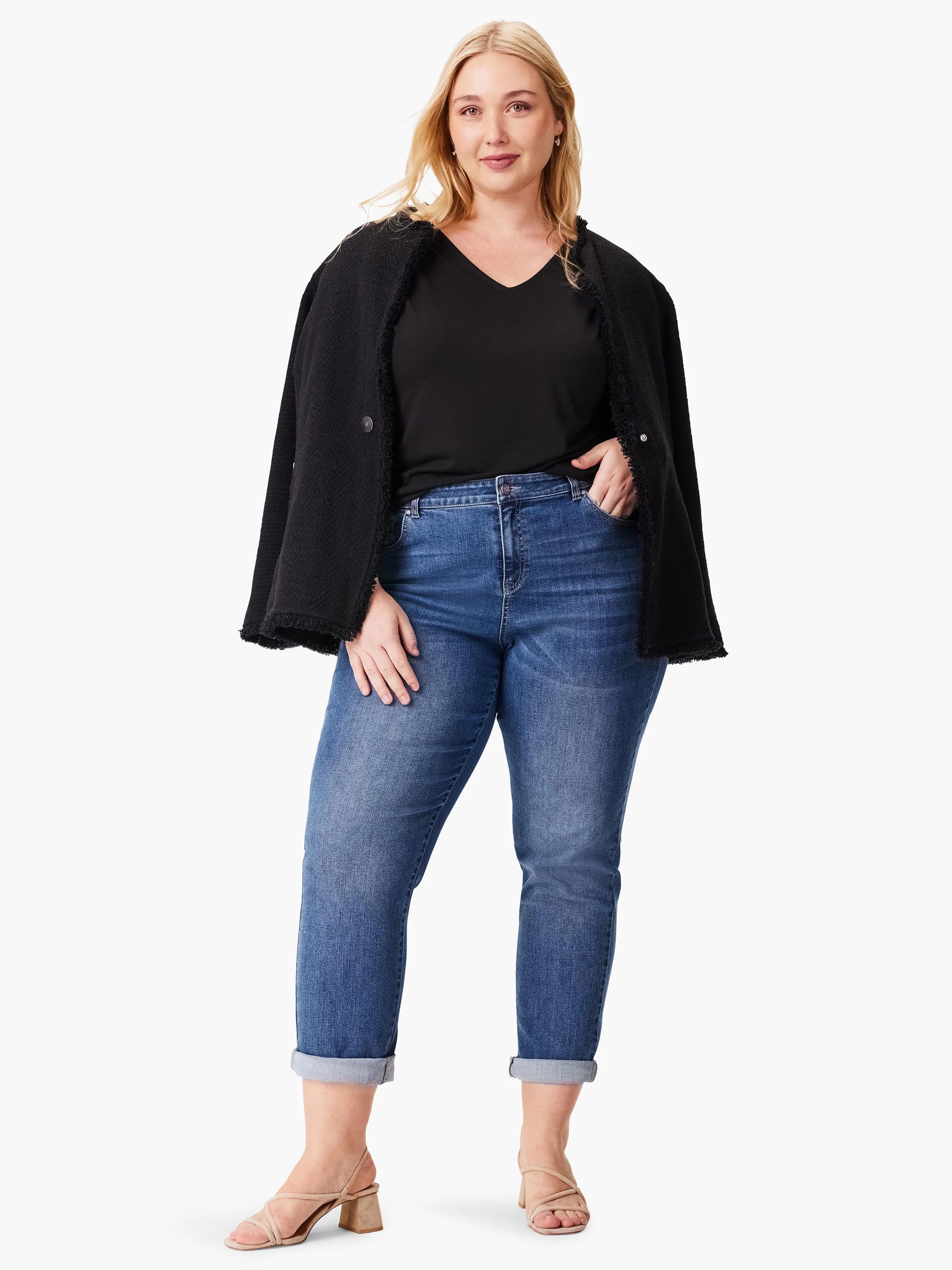 Here's alt text under 125 characters:

"Model in mid-wash blue jeans, black v-neck top, and black jacket.  Jeans are...