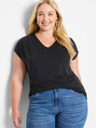 Black v-neck short-sleeve jersey top.