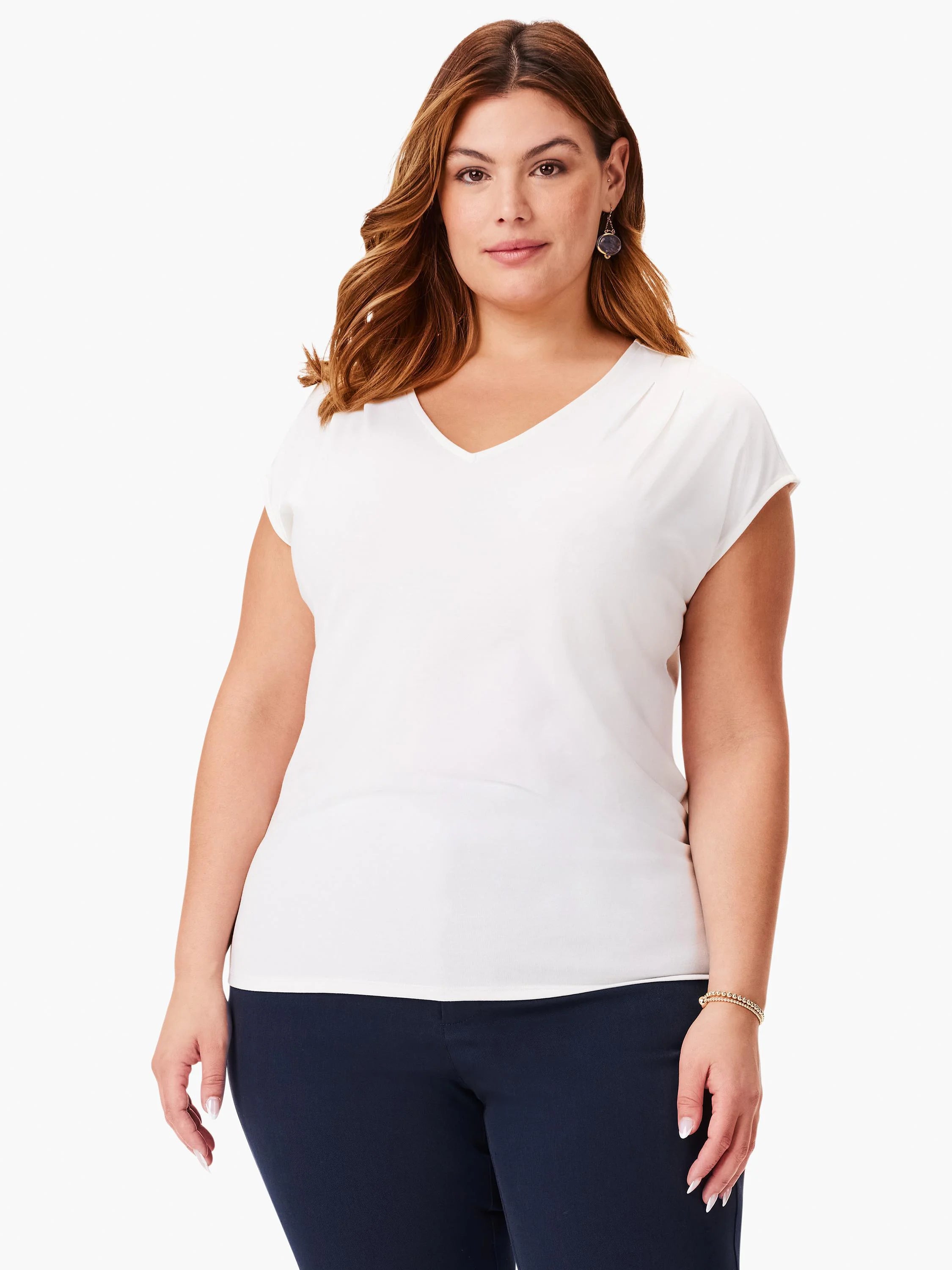 Off-white v-neck, short-sleeved jersey top.