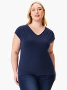 Navy blue, V-neck, short-sleeve jersey top.