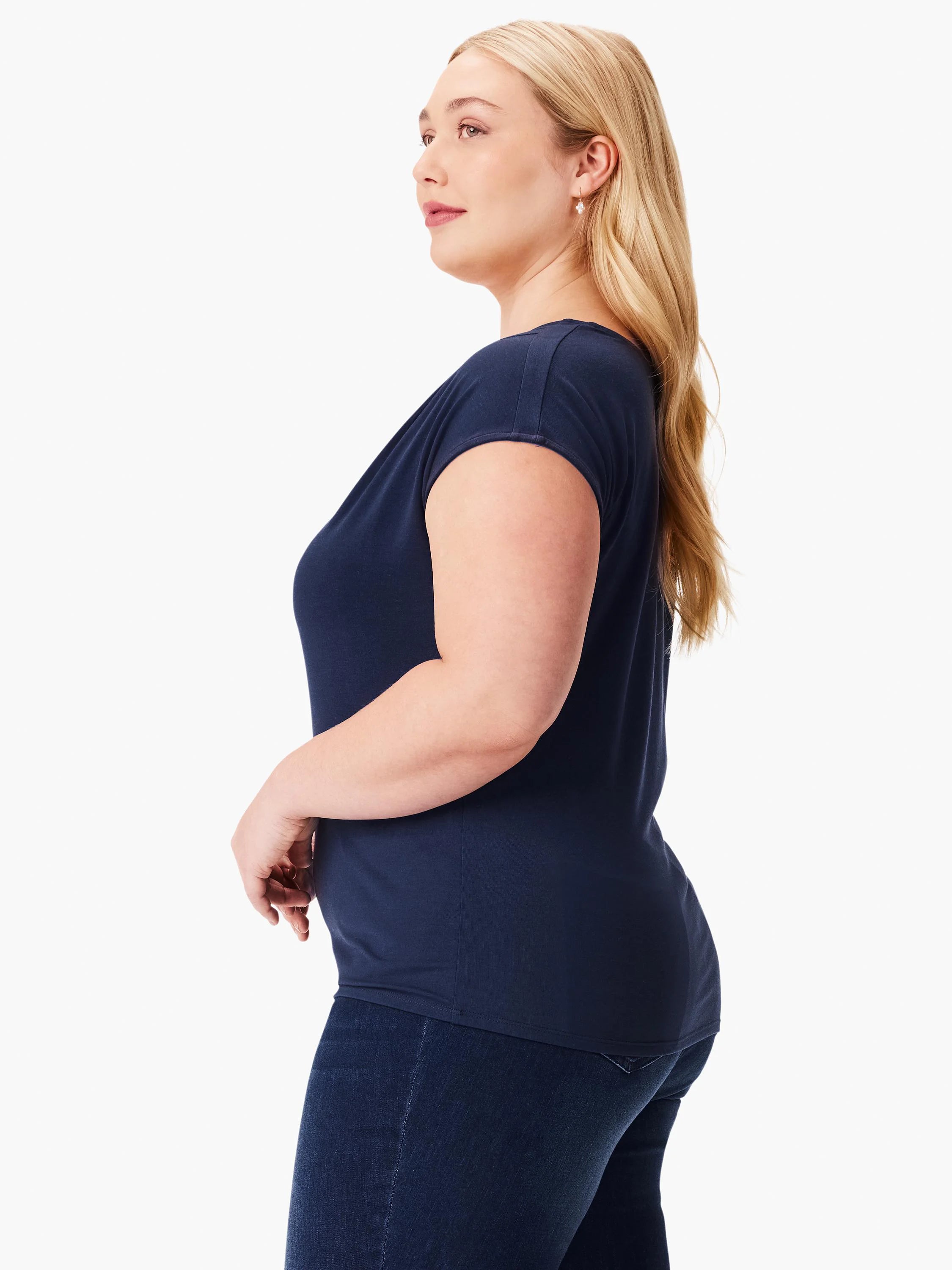 Navy blue, short-sleeved v-neck top; shown on model.