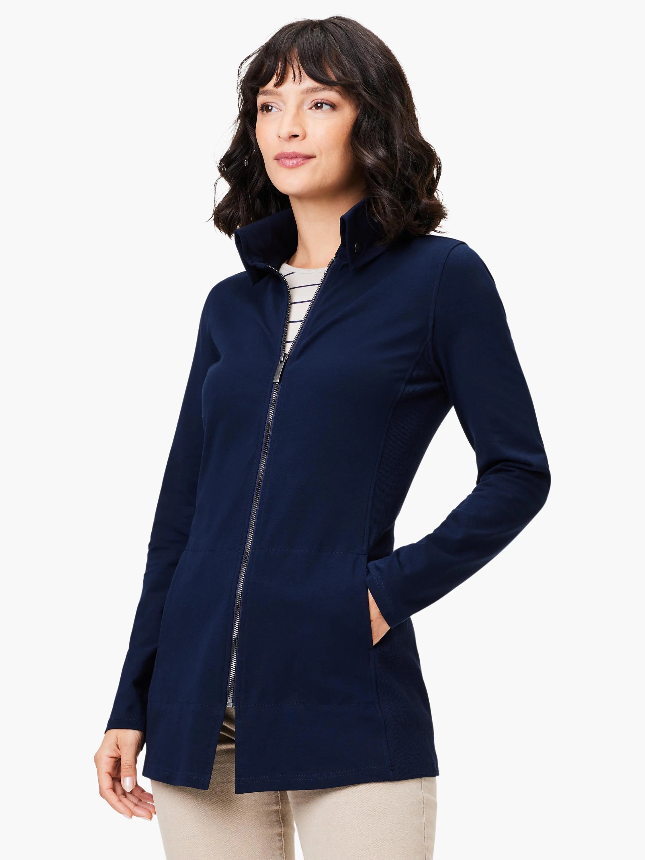 Navy blue, long-sleeved knit jacket;  zipper front,  two pockets.