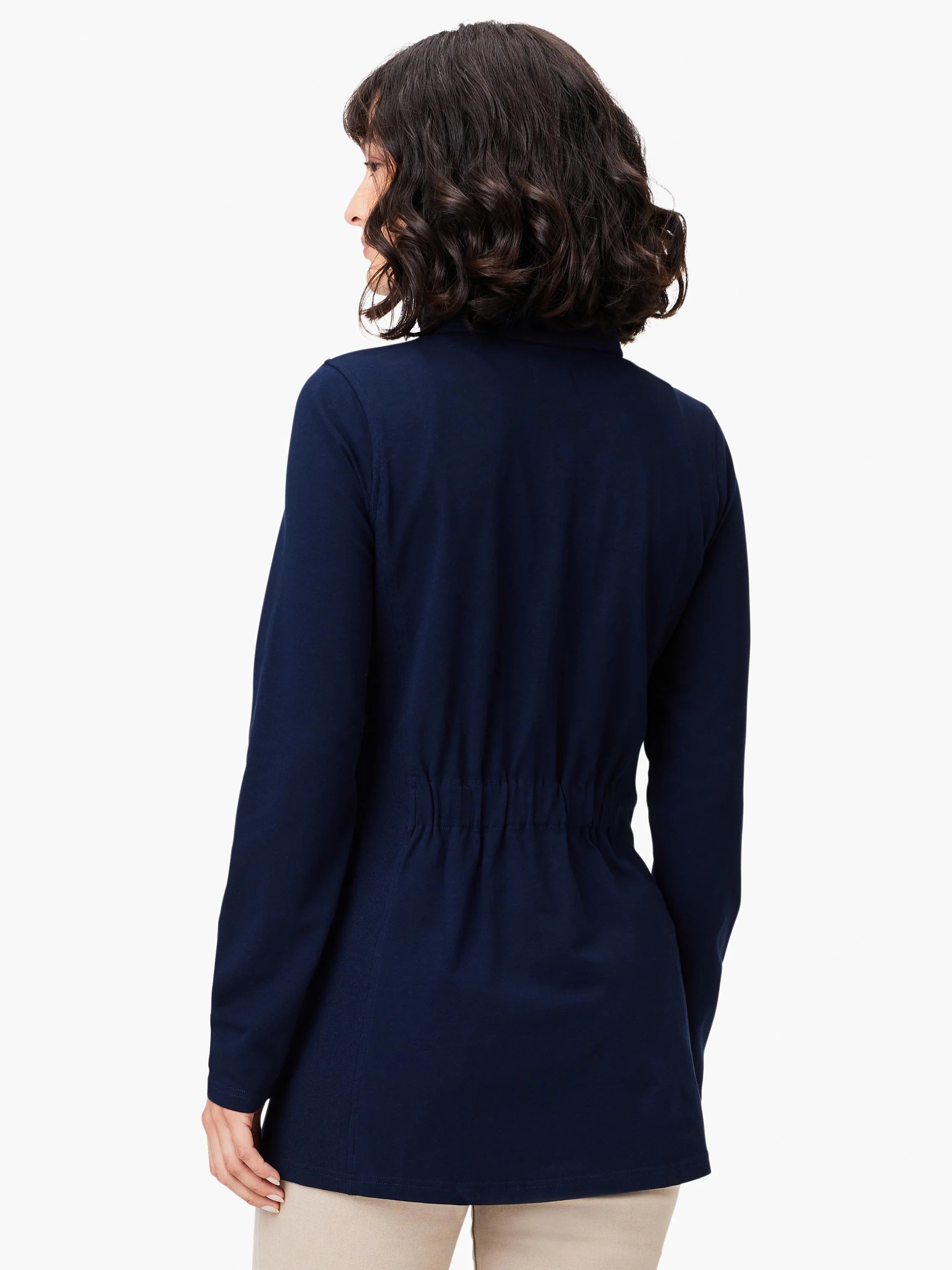 Navy blue knit jacket, long sleeves,  back view showing drawstring waist.