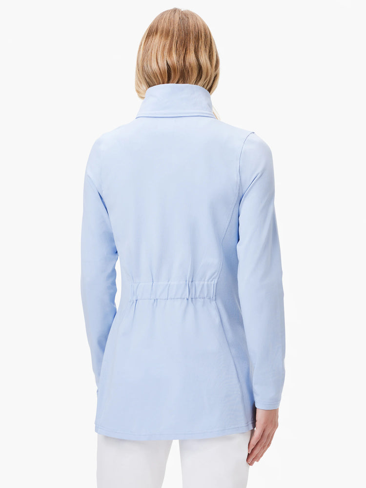 Light blue knit jacket, long sleeves, back view.  Features a drawstring waist.