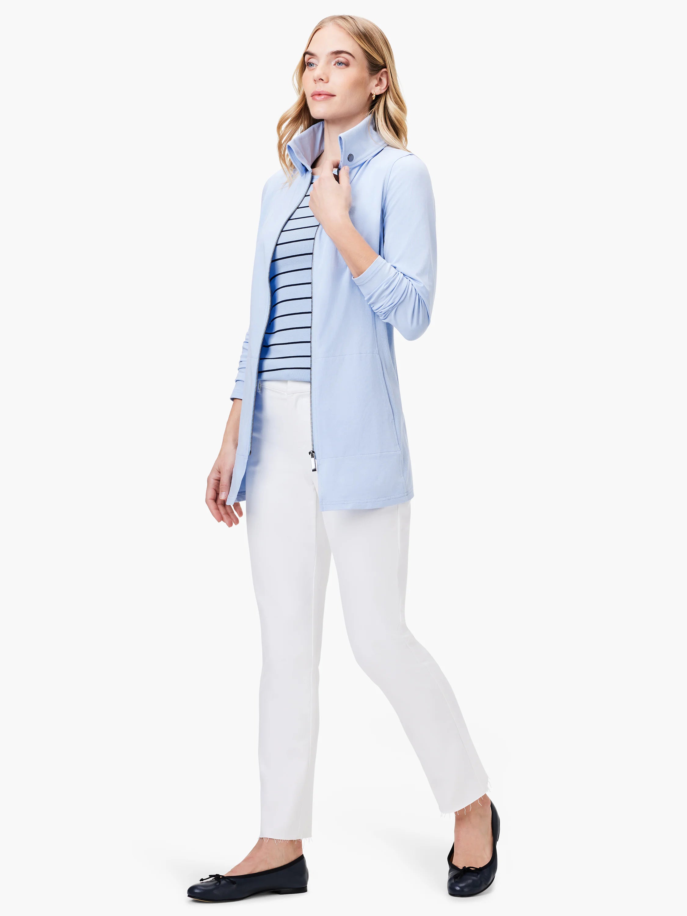 Light blue, zip-front knit jacket.  Long sleeves, collar.