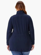 Navy blue knit jacket, long sleeves,  back view, drawstring waist.