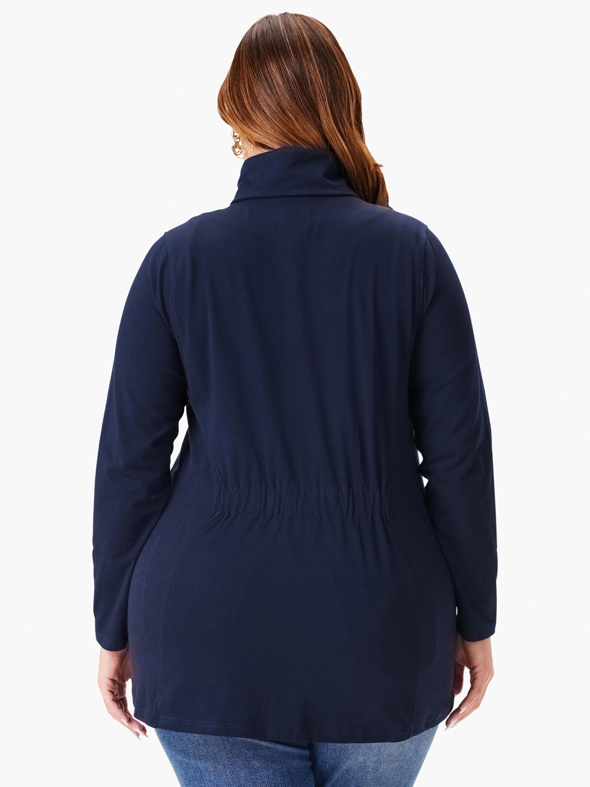 Navy blue knit jacket, long sleeves,  back view, drawstring waist.