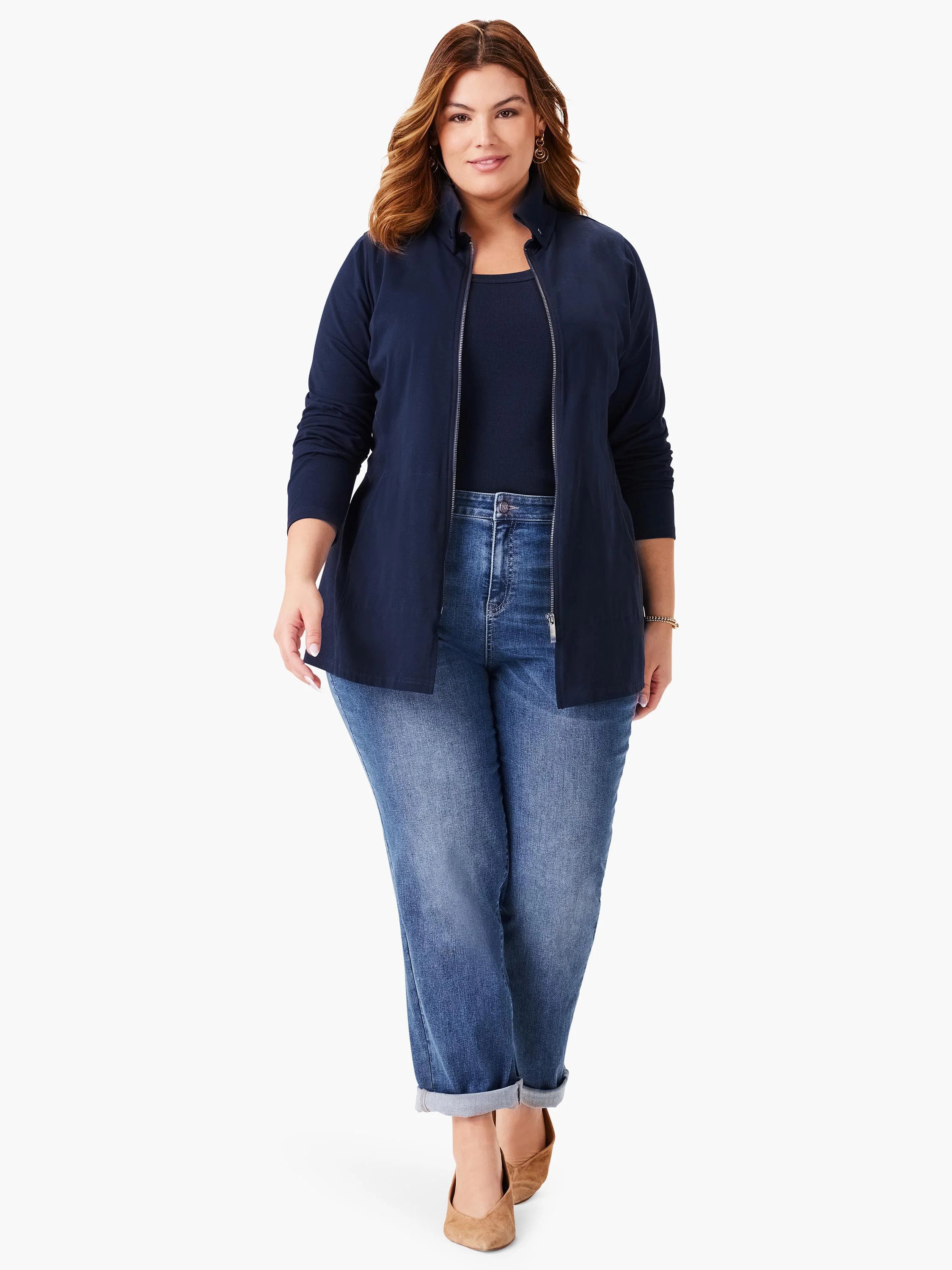 Navy blue, long-sleeve zip-front knit jacket.  Shown on model with jeans.