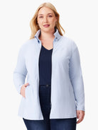 Light blue, long-sleeve zip-front jacket with pockets.