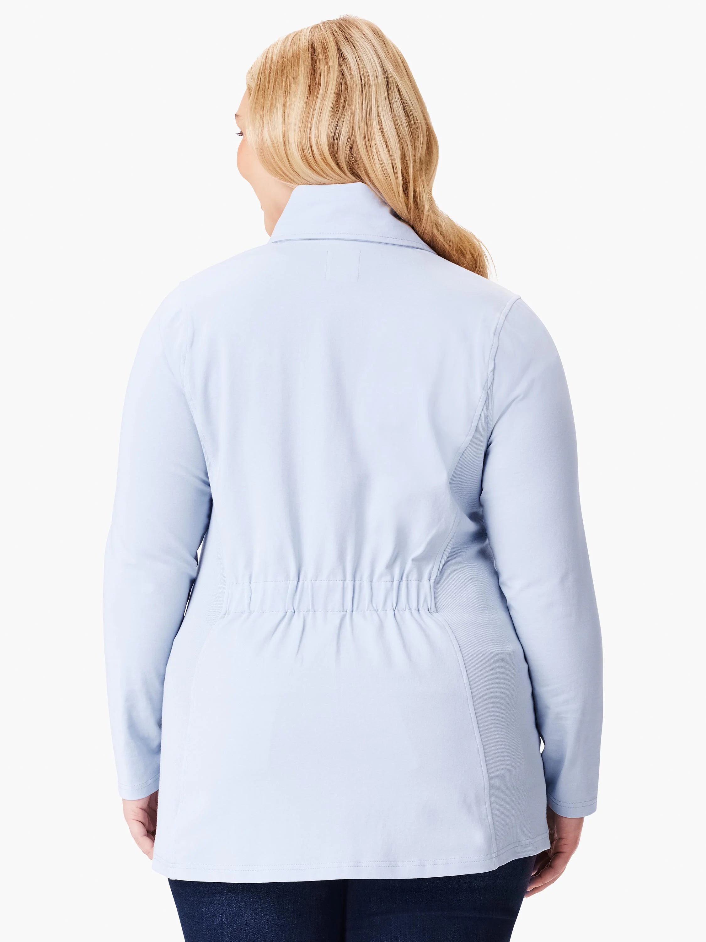Light blue knit jacket, long sleeves, back view.  Drawstring waist.