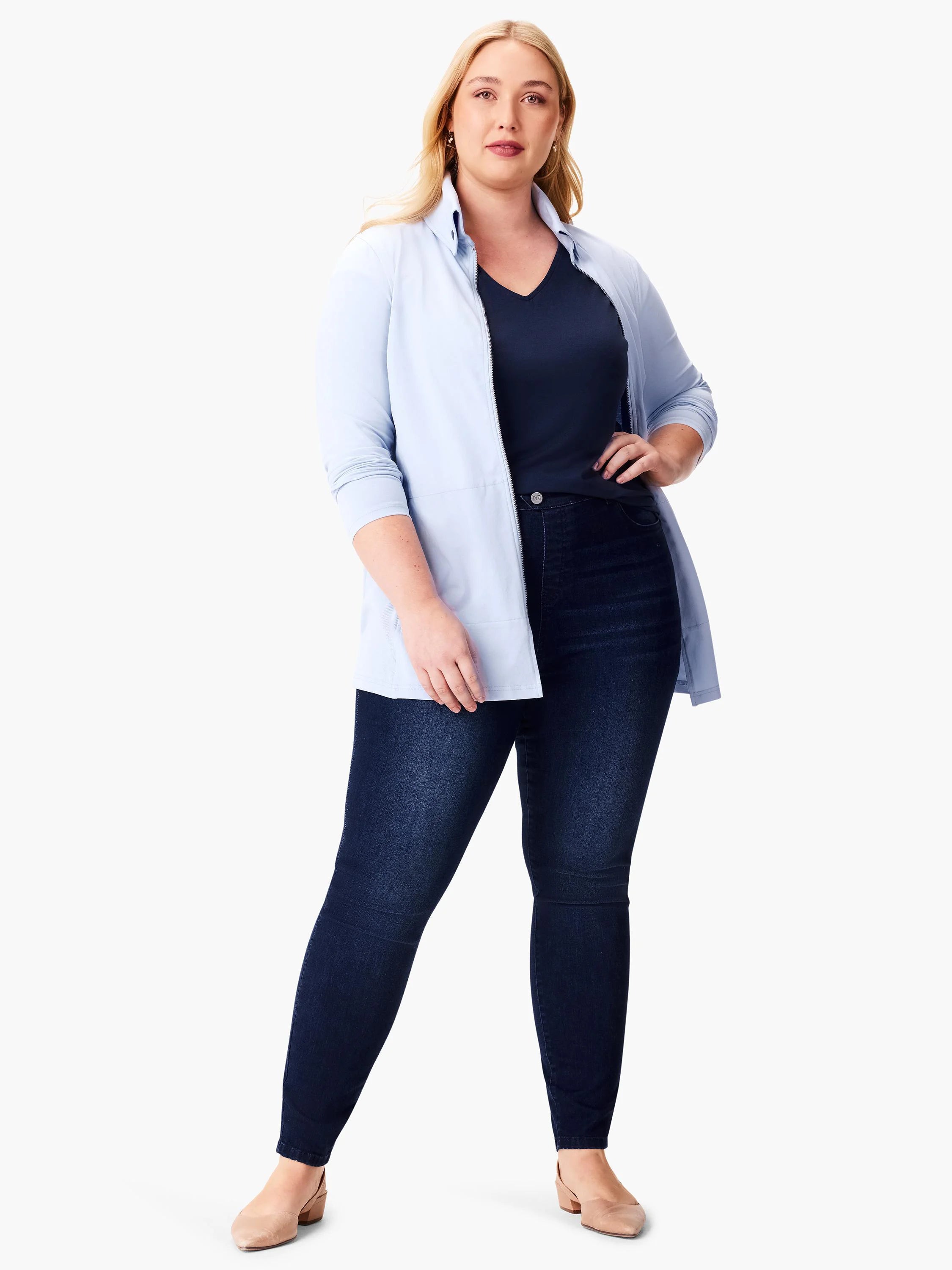 Light blue, zip-front jacket; three-quarter sleeves.  Model wears it over a dark navy top and dark wash jeans.