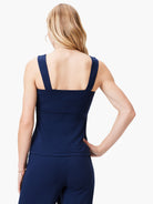 Navy blue tank top with wide shoulder straps, square neckline.  Shown from the back.