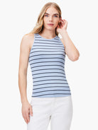 Light blue tank top with dark blue horizontal stripes, high neckline, and ribbed texture.