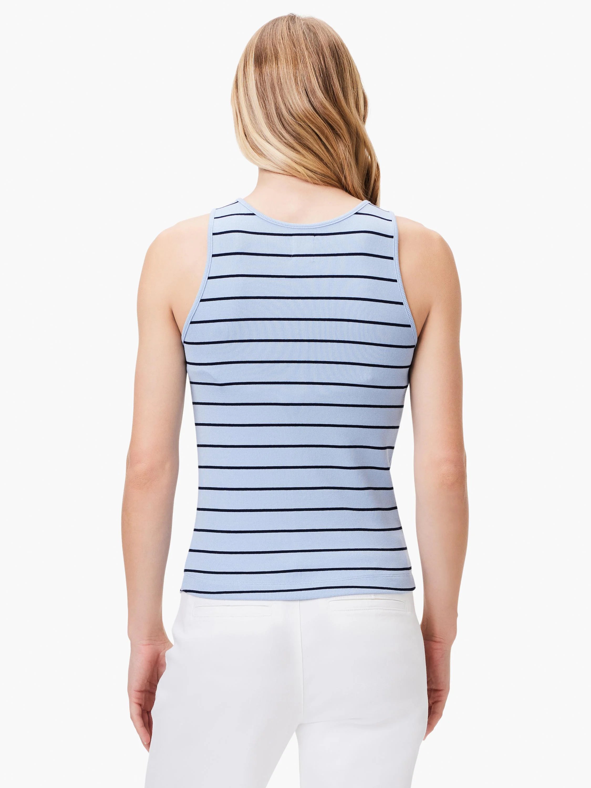 Here's alt text for the image, following the specifications:

Light blue sleeveless ribbed tank top with thin dark blue...