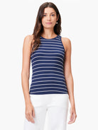 Navy blue tank top with white horizontal stripes, high neck, sleeveless.
