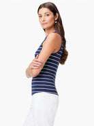 Navy blue tank top with thin white horizontal stripes, high neck, sleeveless.