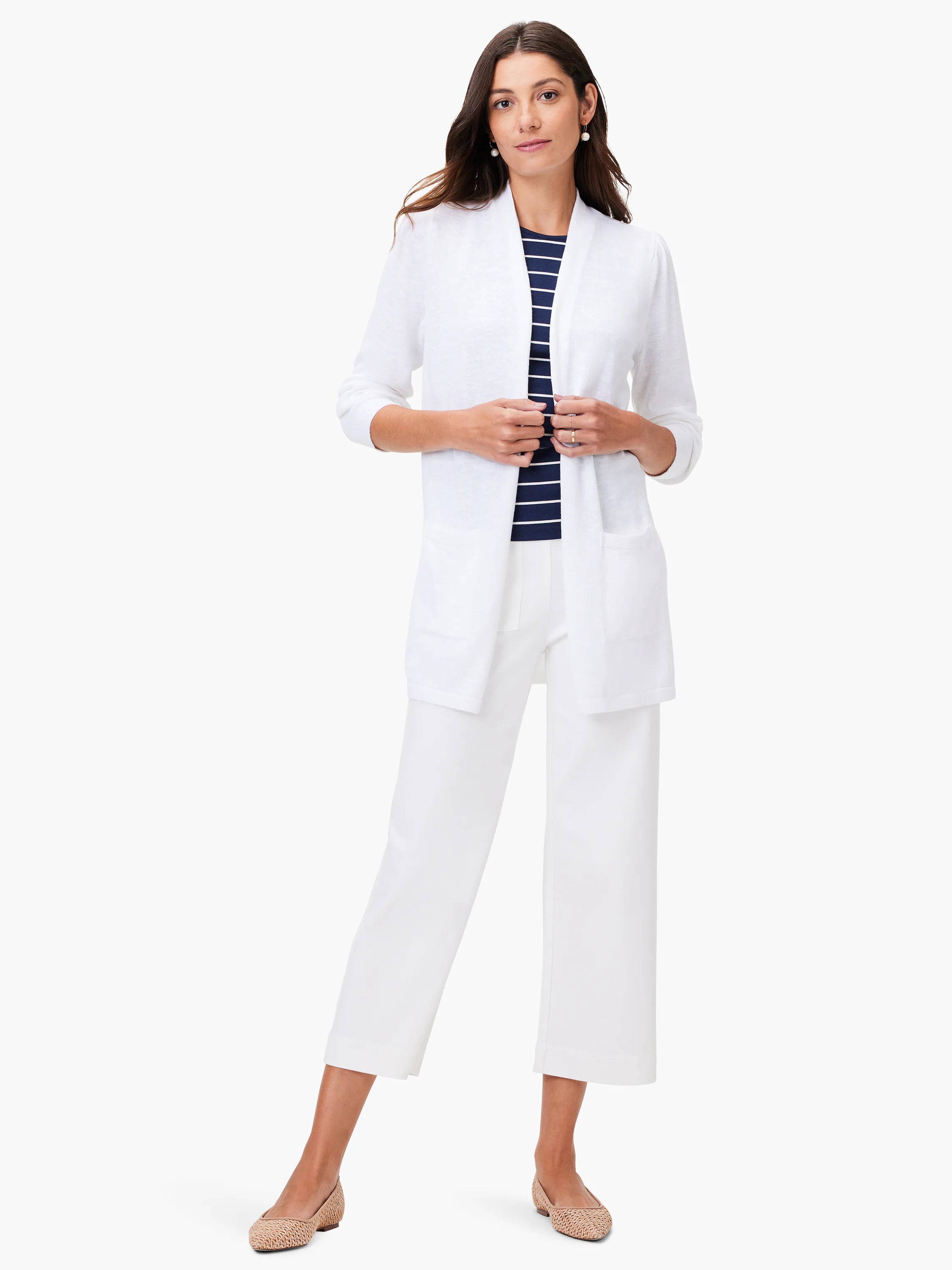 White open-front cardigan,  ribbed knit texture.  Features patch pockets. Model also wears a navy and white striped top...