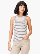 Beige ribbed tank top with thin navy stripes, high neckline, sleeveless.