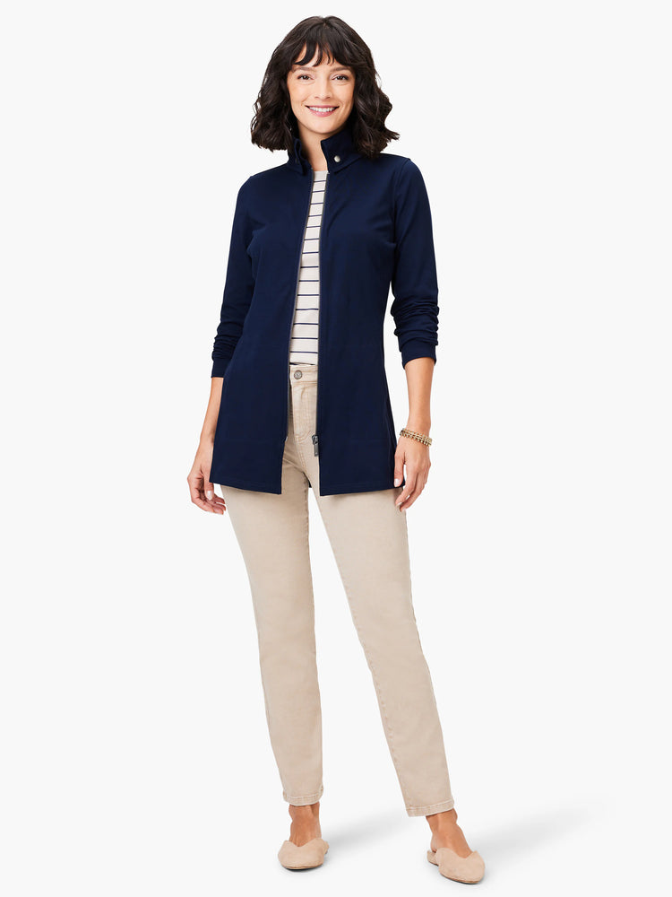 Navy blue, high-neck zip-front tank top.  Long sleeves. Ribbed knit fabric.