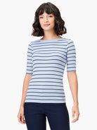 Light blue shirt with thin, dark blue horizontal stripes. Boatneck, 3/4 sleeves, ribbed knit fabric.