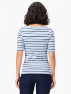 Back view of light blue shirt with thin, dark stripes; short sleeves; boatneck.