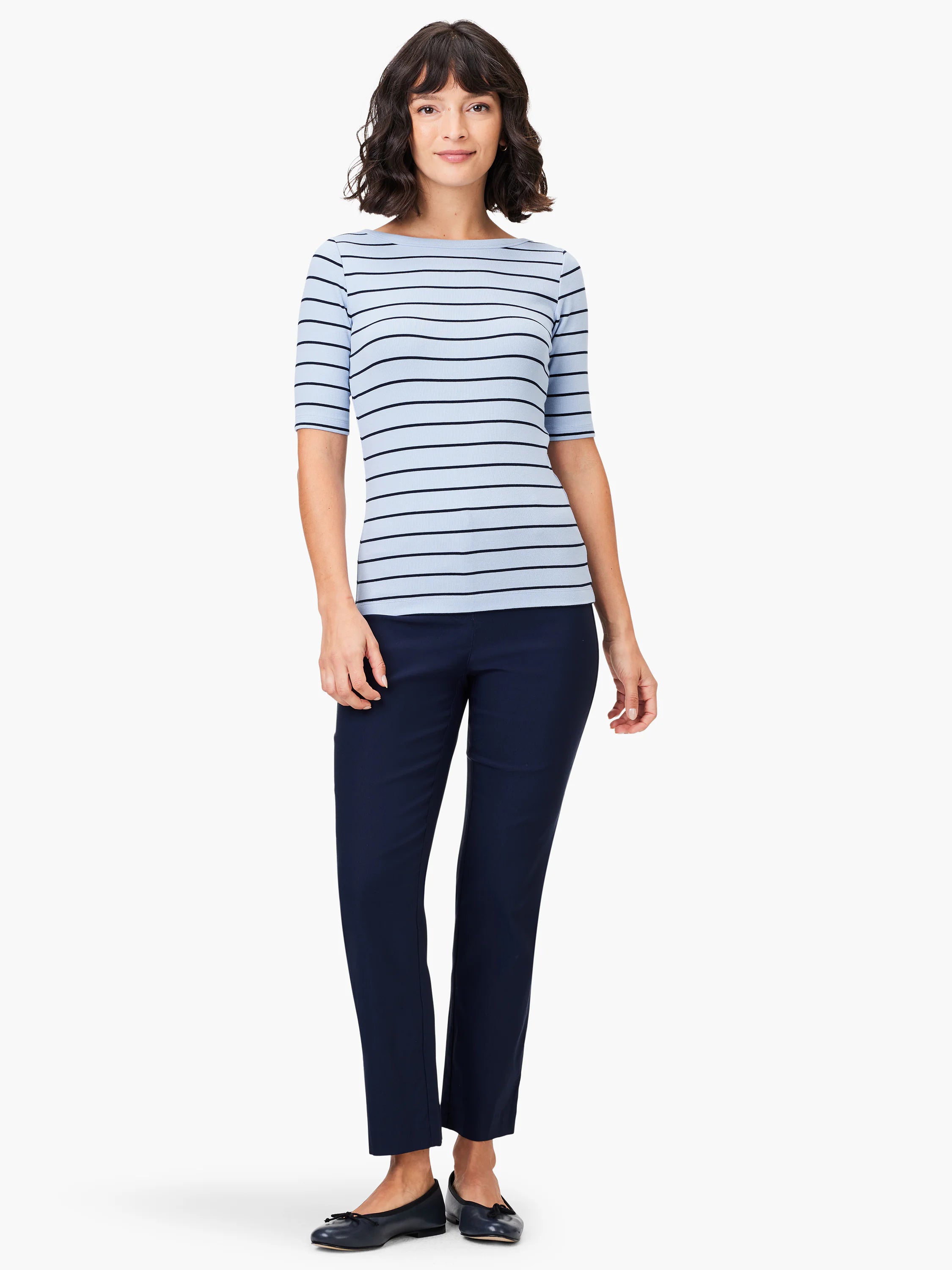 Light blue shirt with dark blue stripes, boatneck, 3/4 sleeves.