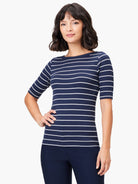 Navy blue shirt with thin white horizontal stripes, boatneck, and short sleeves.