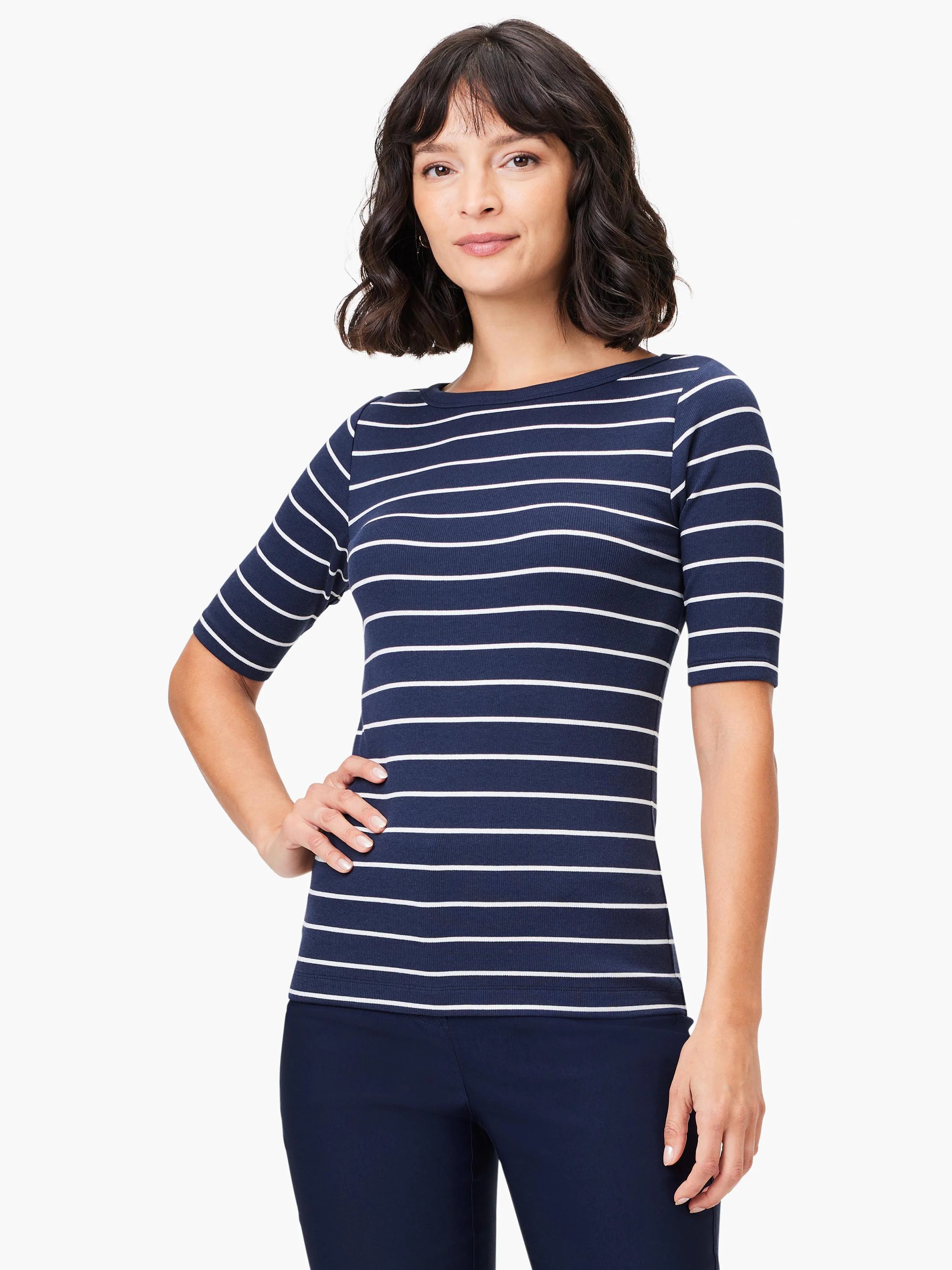 Navy blue shirt with thin white horizontal stripes, boatneck, and short sleeves.