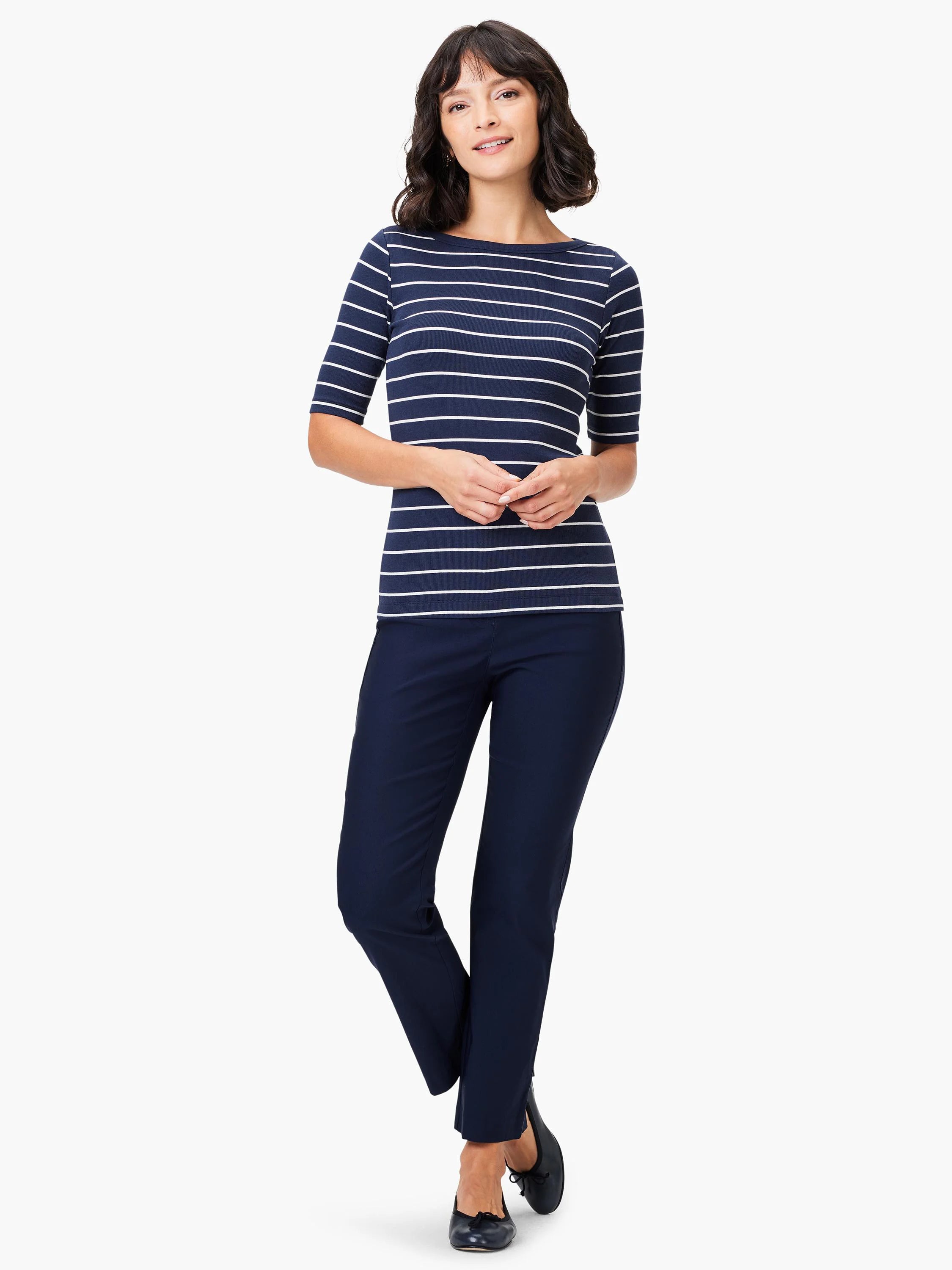 Navy blue shirt with white horizontal stripes, boatneck, 3/4 sleeves.
