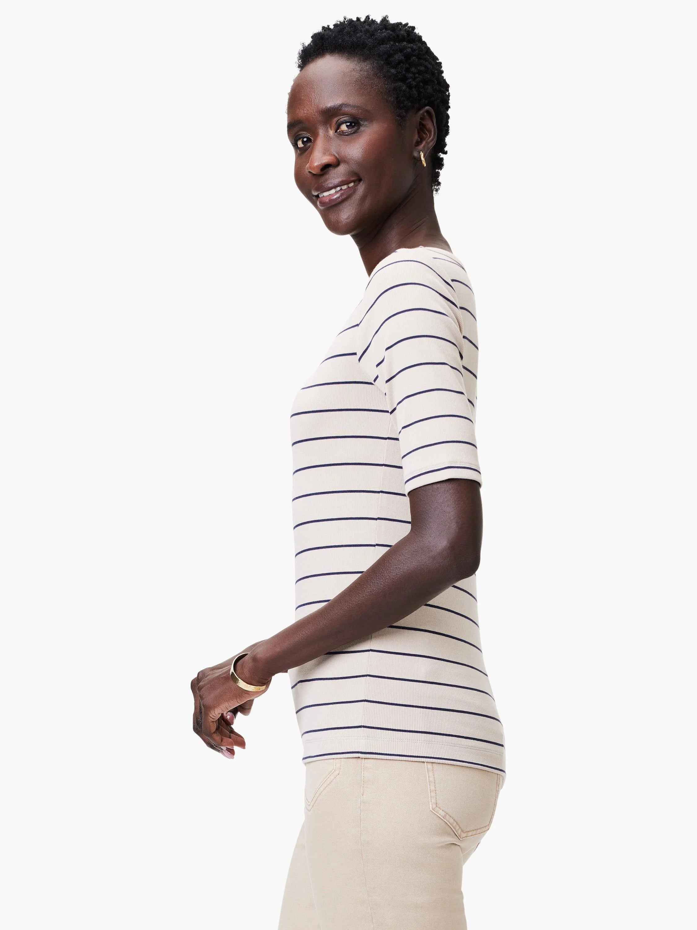 Beige shirt with thin, dark stripes; boatneck, short sleeves.