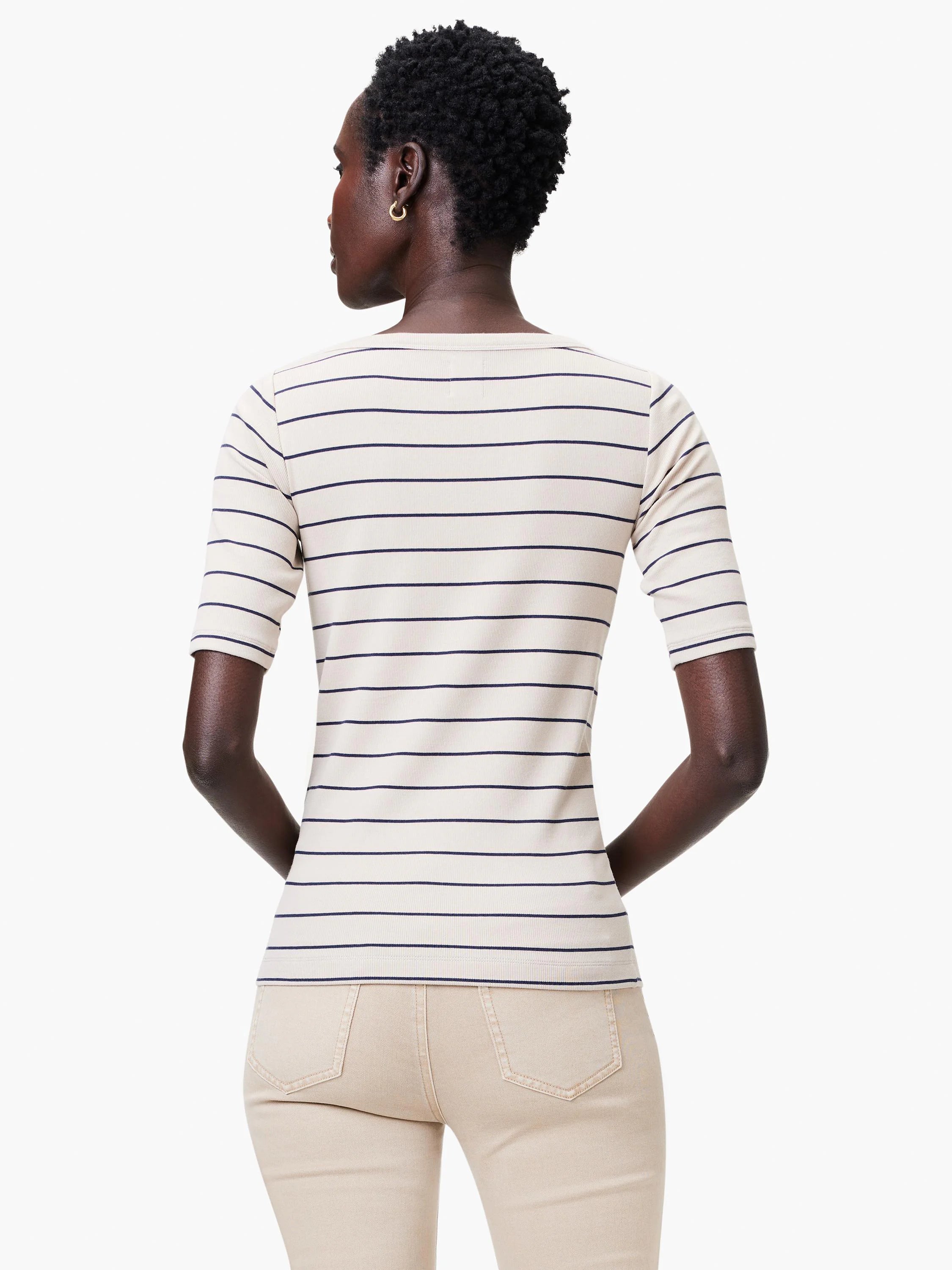 Cream-colored shirt with thin navy blue horizontal stripes, short sleeves, and a boatneck.