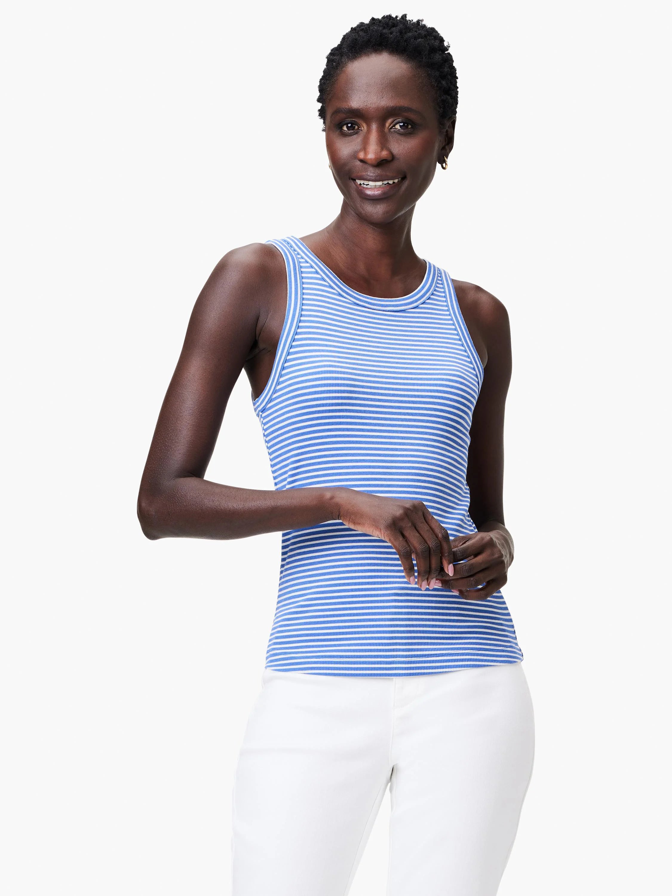 Blue and white striped ribbed knit tank top; high neck, sleeveless.