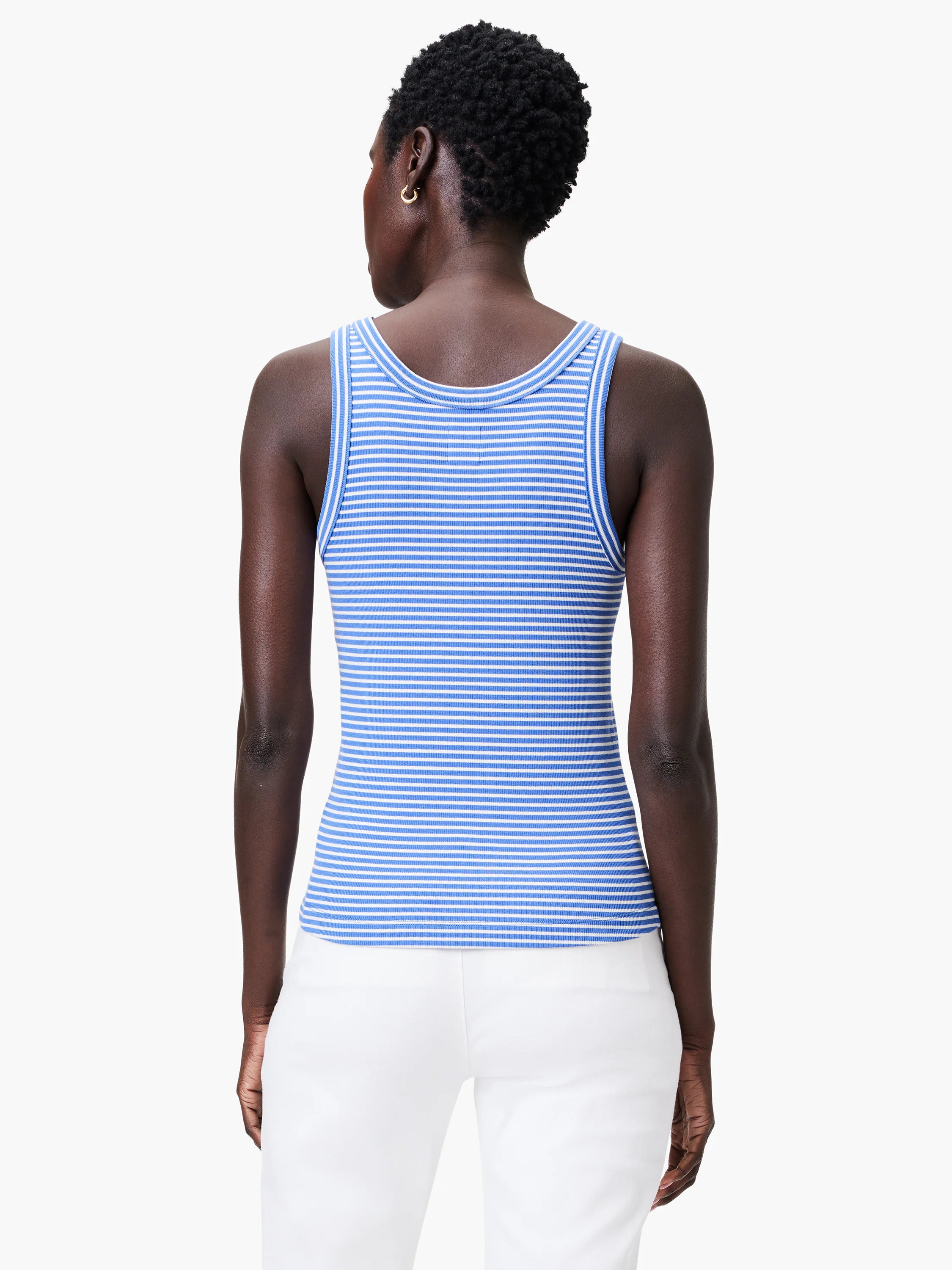 Blue and white striped ribbed knit tank top; high neck, sleeveless.