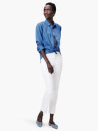 High-neck tank top; blue and white stripes, ribbed knit fabric.